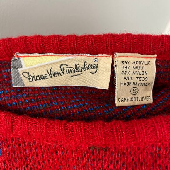Diane Von Furstenberg Vintage 80s Red Wool Balloon Sleeve Paisley Sweater Small - Picture 7 of 7